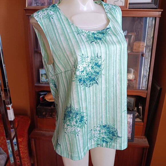 Vintage 1970s Green Tank Top Womens Medium Wild Print Poyester Handmade Floral - Picture 2 of 8